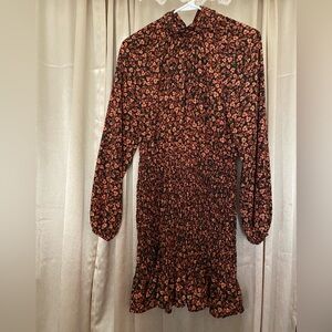 ZARA Floral Smocked Mini Dress Small Long Sleeve High Neck Boho